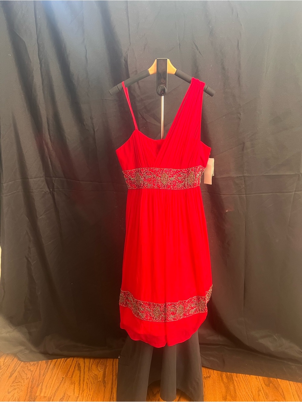 Adrianna Papell Red One-Shoulder Beaded Waist Cocktail Dress